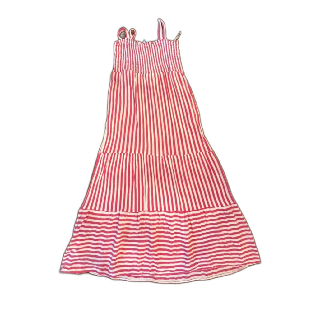 RAVIYA Pink White Striped Smocked Tiered Maxi Dress Size Small